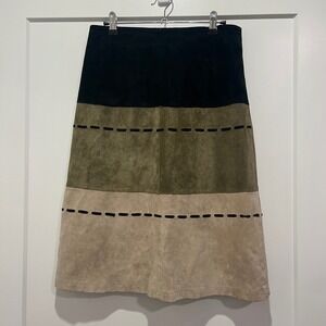 Sorbe Suede Leather Colorblock Midi Skirt Black Green Tan Whipstitch Size Small